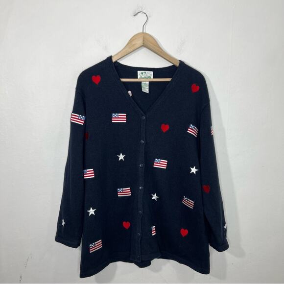 Quacker Factory American Flag Heart Stars Navy Blue Cardigan Size 1X - Picture 1 of 11